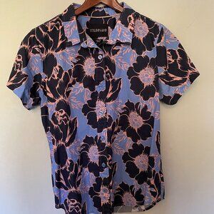 Wildfang short-sleeve button-up, size small, blue/pink